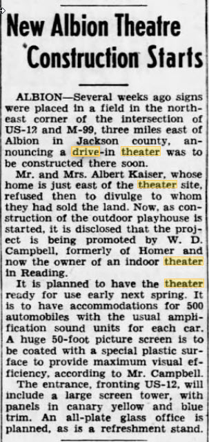 Albion Drive-In Theatre - Opening Announcement Nov 13 1949 (newer photo)